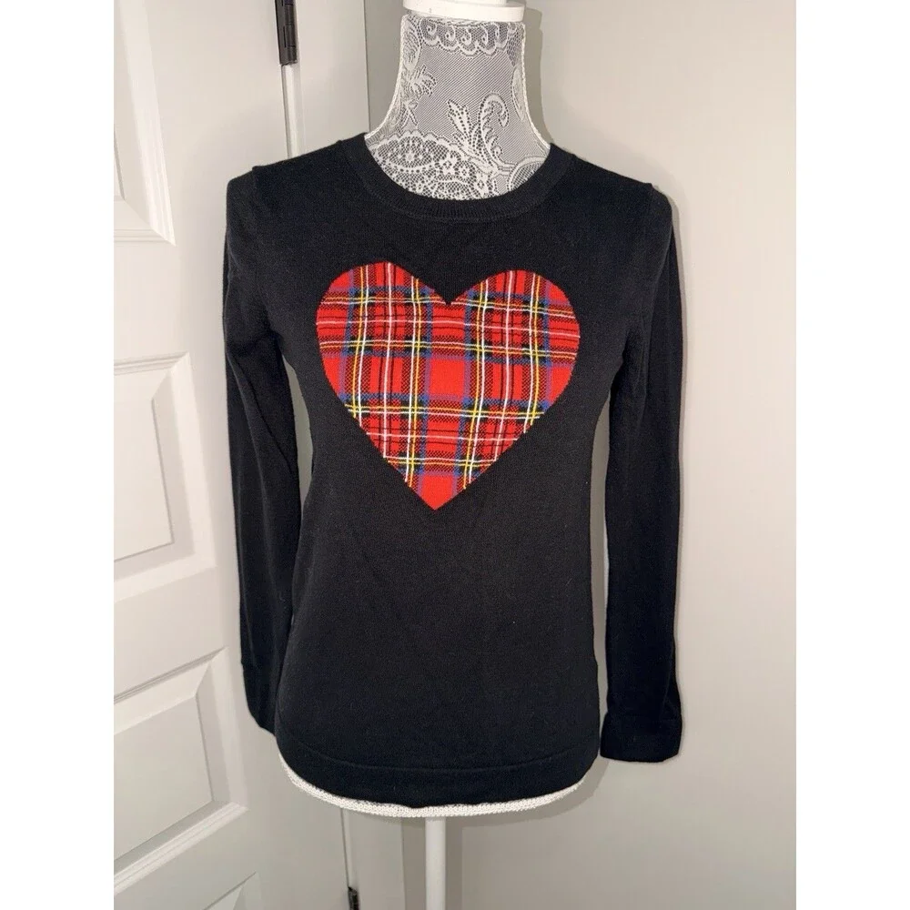 J. Crew Tartan Heart Teddie Sweater Womens S Black Long Sleeve Crew Neck Cotton